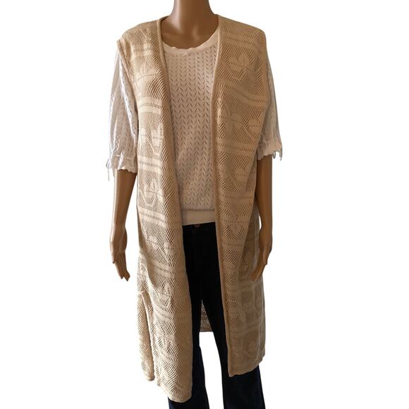 Crochet open knit long sleeveless cardigan sz M beige - Picture 1 of 8